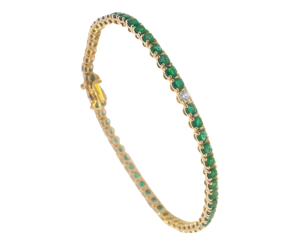 Yellow gold round emerald and diamond tennis bracelet