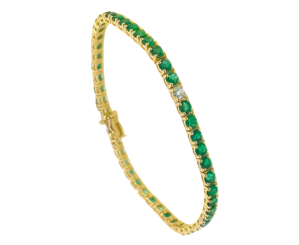 Yellow gold emerald and diamond tennis bracelet