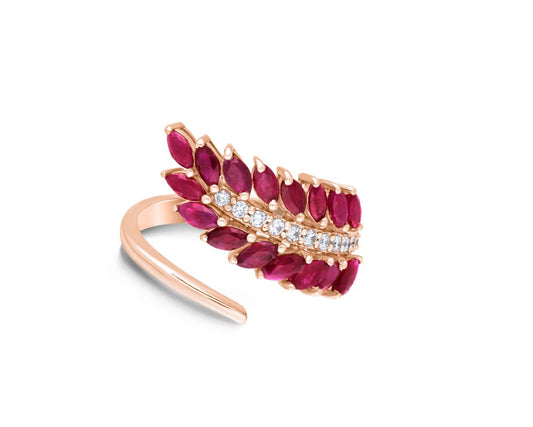 Ruby leaf branch diamond ring